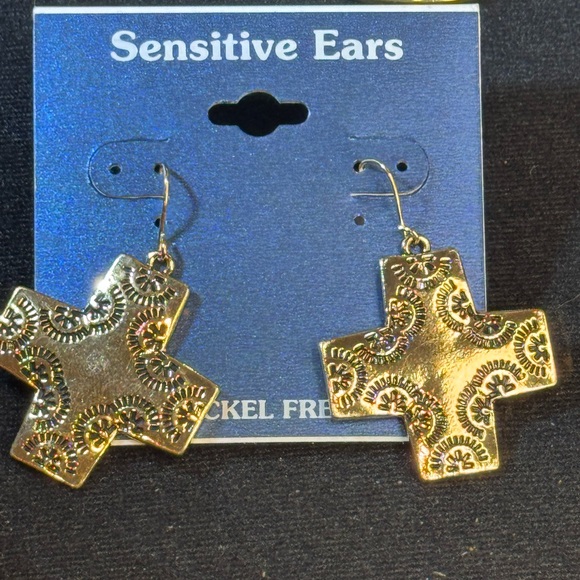 Gold Tone Filigree Cross Dangle Earrings 2 inch - Picture 2 of 8